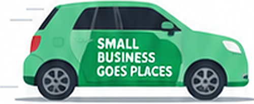 A green car wrap reading "Small business goes places"