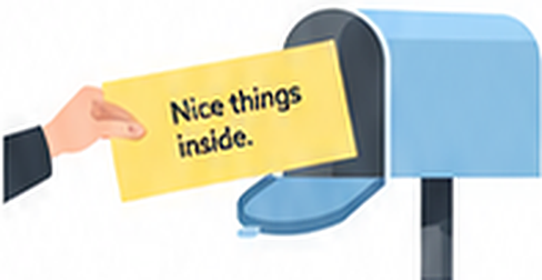 A hand posting a yellow mailer reading "Nice things inside." into a mailbox