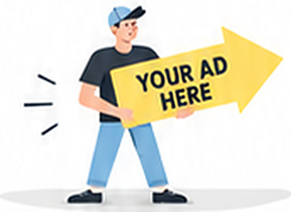 A person holding a large yellow arrow sign reading "Your ad here"