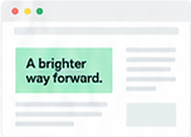 A web article with a green feature panel reading "A brighter way forward."